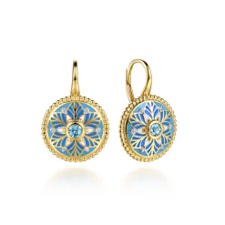 Gabriel & Co. Mosaic - 14K Yellow Gold Bujukan Diamond and Blue Topaz Leverback Drop Earrings with Blue and Dust Blue and White Enamel