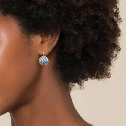Gabriel & Co. Mosaic - 14K Yellow Gold Bujukan Diamond and Blue Topaz Leverback Drop Earrings with Blue and Dust Blue and White Enamel