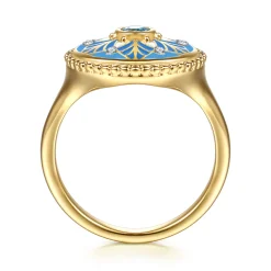 Outlet Gabriel & Co. Mosaic - 14K Yellow Gold Bujukan Diamond and Blue Topaz Signet Ring with Blue and Dust Blue and White Enamel