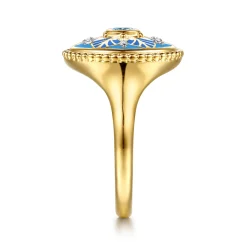 Outlet Gabriel & Co. Mosaic - 14K Yellow Gold Bujukan Diamond and Blue Topaz Signet Ring with Blue and Dust Blue and White Enamel