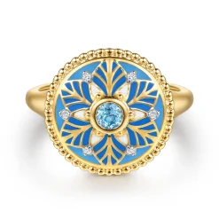 Outlet Gabriel & Co. Mosaic - 14K Yellow Gold Bujukan Diamond and Blue Topaz Signet Ring with Blue and Dust Blue and White Enamel