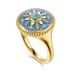 Outlet Gabriel & Co. Mosaic - 14K Yellow Gold Bujukan Diamond and Blue Topaz Signet Ring with Blue and Dust Blue and White Enamel