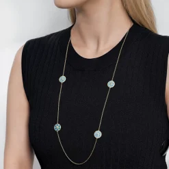 New Gabriel & Co. Mosaic - 14K Yellow Gold Bujukan Diamond and Blue Topaz Station Necklace with Blue and Dust Blue and White Enamel