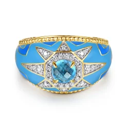 Discount Gabriel & Co. Mosaic - 14K Yellow Gold Bujukan Diamond and Blue Topaz Wide Band with Blue and Dust Blue and White Enamel