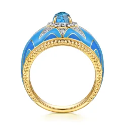 Discount Gabriel & Co. Mosaic - 14K Yellow Gold Bujukan Diamond and Blue Topaz Wide Band with Blue and Dust Blue and White Enamel