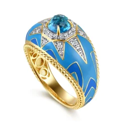 Discount Gabriel & Co. Mosaic - 14K Yellow Gold Bujukan Diamond and Blue Topaz Wide Band with Blue and Dust Blue and White Enamel