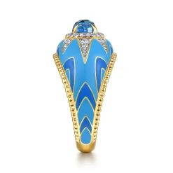 Discount Gabriel & Co. Mosaic - 14K Yellow Gold Bujukan Diamond and Blue Topaz Wide Band with Blue and Dust Blue and White Enamel