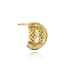 Clearance Gabriel & Co. Mosaic - 14K Yellow Gold Bujukan Diamond and Blue Topaz J Hoop Earrings with Blue and Dust Blue and White Enamel