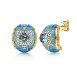 Clearance Gabriel & Co. Mosaic - 14K Yellow Gold Bujukan Diamond and Blue Topaz J Hoop Earrings with Blue and Dust Blue and White Enamel
