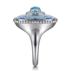 Sale Gabriel & Co. Mosaic - 925 Sterling Silver Bujukan White Sapphire and Blue Topaz Signet Ring with Blue and Dust Blue Enamel