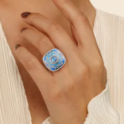 Sale Gabriel & Co. Mosaic - 925 Sterling Silver Bujukan White Sapphire and Blue Topaz Signet Ring with Blue and Dust Blue Enamel