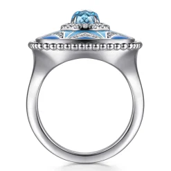 Sale Gabriel & Co. Mosaic - 925 Sterling Silver Bujukan White Sapphire and Blue Topaz Signet Ring with Blue and Dust Blue Enamel