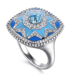 Sale Gabriel & Co. Mosaic - 925 Sterling Silver Bujukan White Sapphire and Blue Topaz Signet Ring with Blue and Dust Blue Enamel