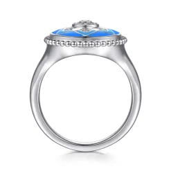 Hot Gabriel & Co. Mosaic - 925 Sterling Silver Bujukan White Sapphire and Blue Sapphire Signet Ring with Blue and Dust Blue and White Enamel