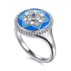 Hot Gabriel & Co. Mosaic - 925 Sterling Silver Bujukan White Sapphire and Blue Sapphire Signet Ring with Blue and Dust Blue and White Enamel