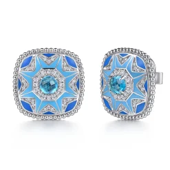 Discount Gabriel & Co. Mosaic - 925 Sterling Silver Bujukan White Sapphire and Blue Topaz Stud Earrings with Blue and Dust Blue Enamel