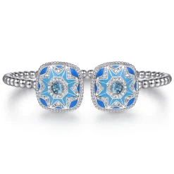 Gabriel & Co. Mosaic - 925 Sterling Silver Bujukan White Sapphire and Blue Topaz Open Bangle with Blue and Dust Blue Enamel