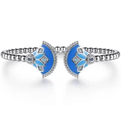 Sale Gabriel & Co. Mosaic - 925 Sterling Silver Bujukan White Sapphire and Blue Topaz Bangle Bracelet with Blue and Dust Blue Enamel
