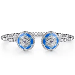 Best Gabriel & Co. Mosaic - 925 Sterling Silver Bujukan White Sapphire and Sapphire Open Bangle Bracelet with Blue and Dust Blue and White Enamel