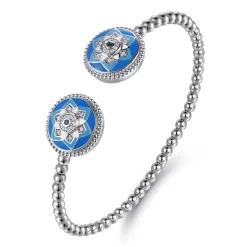 Best Gabriel & Co. Mosaic - 925 Sterling Silver Bujukan White Sapphire and Sapphire Open Bangle Bracelet with Blue and Dust Blue and White Enamel