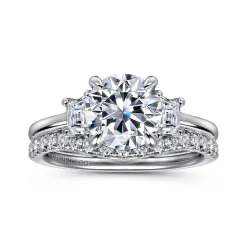 New Gabriel & Co. Nigela - 14K White Gold Round Three Stone Lotus Diamond Engagement Ring