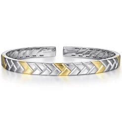 Hot Gabriel & Co. Open Cuff Bangle Herringbone 925 Sterling Silver and 14K Yellow Gold 7mm