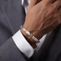 Hot Gabriel & Co. Open Cuff Bangle Herringbone 925 Sterling Silver and 14K Yellow Gold 7mm