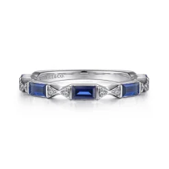 Clearance Gabriel & Co. Porta - 14K White Gold Channel Set Baguette Sapphire and Pave Round Diamond Anniversary Band - 0.05 ct