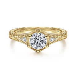 Best Gabriel & Co. Priya - Vintage Inspired 14K Yellow Gold 6 Prong Round Diamond Engagement Ring