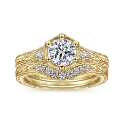 Best Gabriel & Co. Priya - Vintage Inspired 14K Yellow Gold 6 Prong Round Diamond Engagement Ring