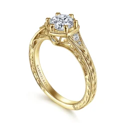 Best Gabriel & Co. Priya - Vintage Inspired 14K Yellow Gold 6 Prong Round Diamond Engagement Ring