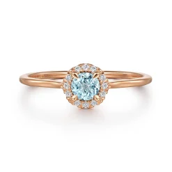 Gabriel & Co. Promise Ring - 14K Rose Gold Aquamarine and Diamond Halo Promise Ring