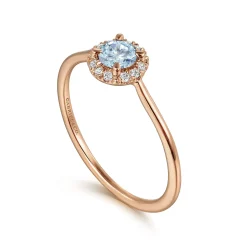 Gabriel & Co. Promise Ring - 14K Rose Gold Aquamarine and Diamond Halo Promise Ring