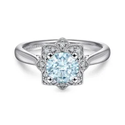 Outlet Gabriel & Co. Promise Ring - 14K White Gold Flower Halo Aquamarine and Diamond Promise Ring