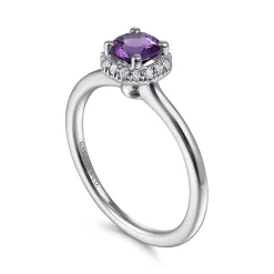 Clearance Gabriel & Co. Promise Ring - 14K White Gold Hexagonal Diamond Halo and Round Amethyst Promise Ring