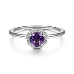 Clearance Gabriel & Co. Promise Ring - 14K White Gold Hexagonal Diamond Halo and Round Amethyst Promise Ring