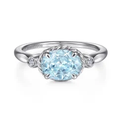 Sale Gabriel & Co. Promise Ring - 14K White Gold Oval Aquamarine and Diamond Three Stone Promise Ring