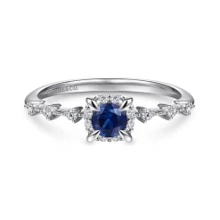 New Gabriel & Co. Promise Ring - 14K White Gold Round Sapphire and Diamond Halo Promise Ring