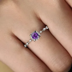 Gabriel & Co. Promise Ring - 14K White Gold Round Amethyst and Diamond Halo Promise Ring