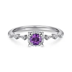 Gabriel & Co. Promise Ring - 14K White Gold Round Amethyst and Diamond Halo Promise Ring