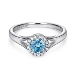 New Gabriel & Co. Promise Ring - 14K White Gold Round Blue Topaz and Diamond Halo Promise Ring