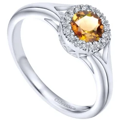 Gabriel & Co. Promise Ring - 14K White Gold Round Halo Citrine and Diamond Promise Ring