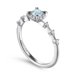 New Gabriel & Co. Promise Ring - 14K White Gold Round Aquamarine and Diamond Halo Promise Ring