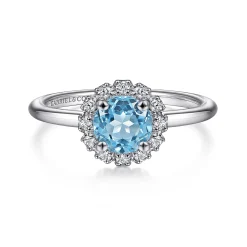 Hot Gabriel & Co. Promise Ring - 14K White Gold Round Blue Topaz and Diamond Halo Promise Ring