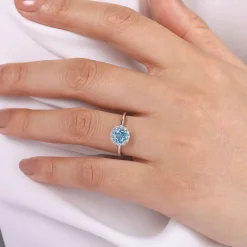 Hot Gabriel & Co. Promise Ring - 14K White Gold Round Blue Topaz and Diamond Halo Promise Ring