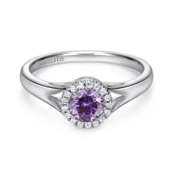 Gabriel & Co. Promise Ring - 14K White Gold Round Amethyst and Diamond Halo Promise Ring