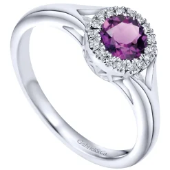 Gabriel & Co. Promise Ring - 14K White Gold Round Amethyst and Diamond Halo Promise Ring