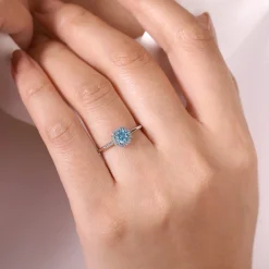 Discount Gabriel & Co. Promise Ring - 14K White Gold Round Blue Topaz and Hexagon Diamond Halo Promise Ring