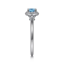 Discount Gabriel & Co. Promise Ring - 14K White Gold Round Blue Topaz and Hexagon Diamond Halo Promise Ring