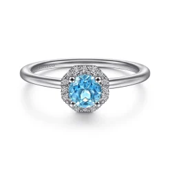 Discount Gabriel & Co. Promise Ring - 14K White Gold Round Blue Topaz and Hexagon Diamond Halo Promise Ring